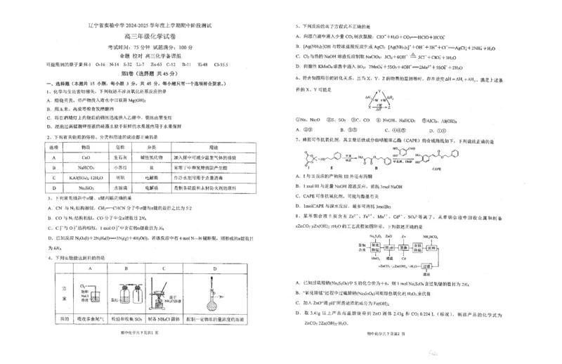 辽宁省实验中学2024-2025学年高三上学期期中考试化学PDF版含答案_2024-2025高三（6-6月题库）_2024年11月试卷_1120辽宁省实验中学2024-2025学年高三上学期期中考试