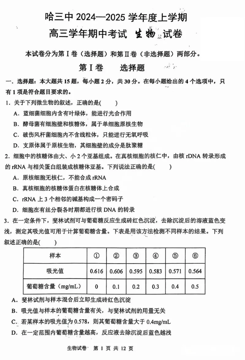 黑龙江省哈尔滨市第三中学2025届高三上学期期中考试生物+答案_2024-2025高三（6-6月题库）_2024年11月试卷_1118黑龙江省哈尔滨市第三中学2025届高三上学期期中考试