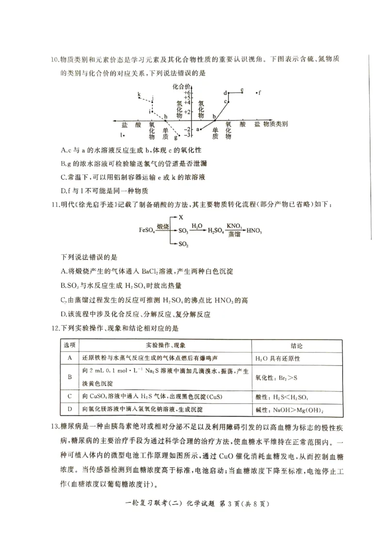 湖南省百师联盟2025届10月月考化学试题_2024-2025高三（6-6月题库）_2024年10月试卷_1026百师联盟2025届高三年级一轮复习月考卷(二)_百师联盟2025届高三年级一轮复习（二）化学试题+答案