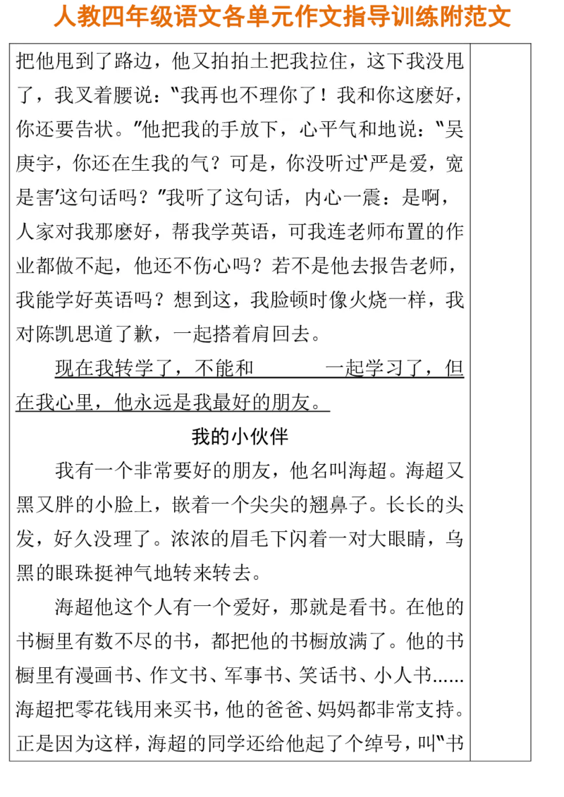人教四年级语文各单元作文指导训练附范文_小学1-6年级全部试卷_语文_四年级_3-9-1、小学四年级语文上册_3-9-1-1、复习、知识点、归纳汇总_人教版