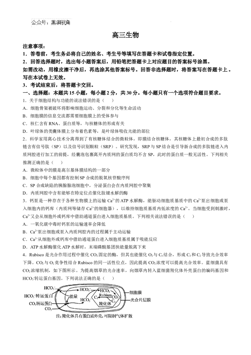 山东省威海市文登区2024-2025学年高三上学期第一次模拟考试试题生物+答案_2024-2026高三（6-6月题库）_2024年12月试卷_1210山东省威海市文登区2024-2025学年高三上学期第一次模拟考试试题