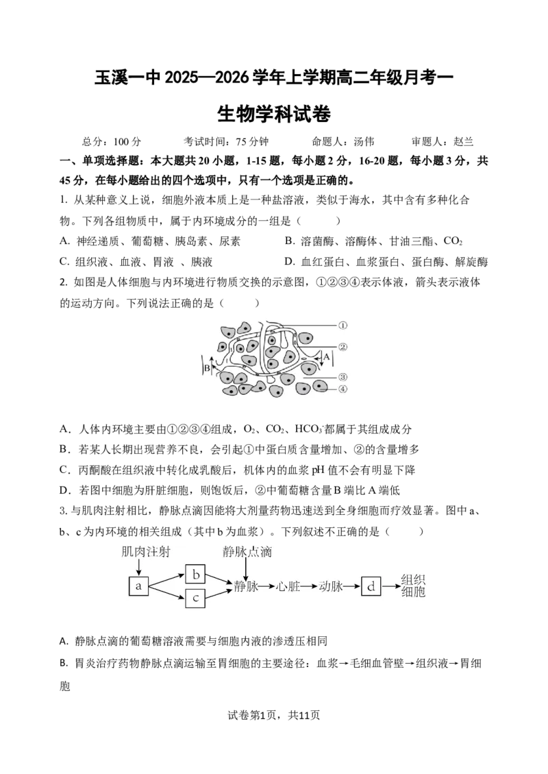 玉溪一中2025&mdash;2026学年上学期第一次月考_2025年10月高二试卷_251005云南省玉溪第一中学2025-2026学年高二上学期第一次月考试题（全）
