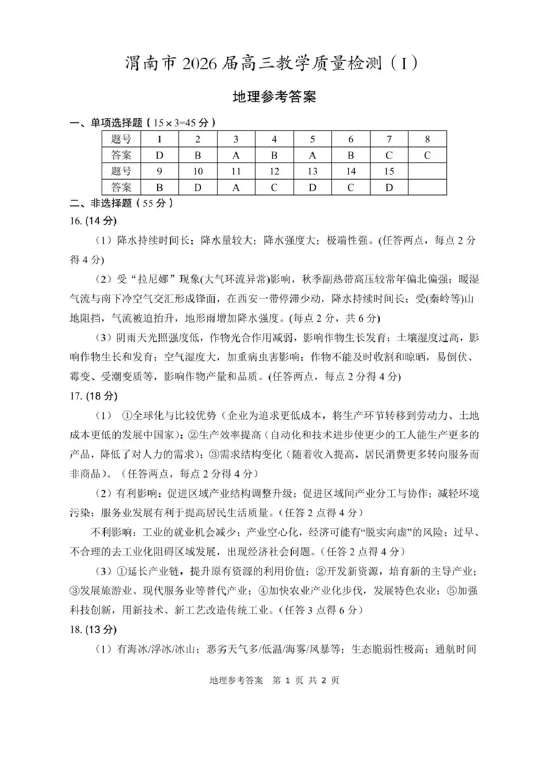 陕西省渭南市2026届高三上学期教学质量检测（Ⅰ）地理+答案_2024-2026高三（6-6月题库）_2026年01月高三试卷_0115陕西省渭南市2026届高三上学期教学质量检测（Ⅰ）（全）