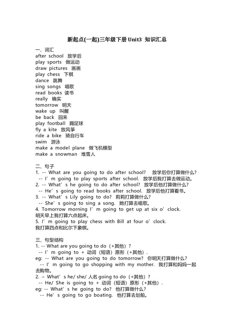 人教新起点英语三年级下册Unit3知识点汇总_小学1-6年级全部试卷_英语_三年级_3-8-6、小学三年级英语下册_3-8-6-1、复习、知识点、归纳汇总_人教版一起点