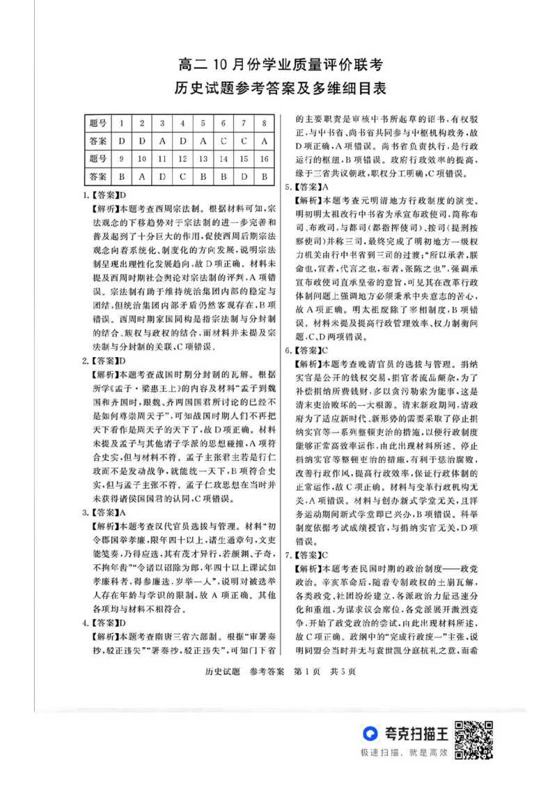 山西省T8联考2025-2026学年高二上学期10月学业质量评价联考历史试题含答案_2025年10月高二试卷_251013山西T8联考高二10月份学业质量评价联考
