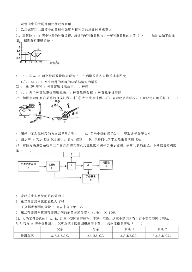 浙江省绍兴市2023-2024学年高二下学期6月期末调测考试生物试题+参考答案_2024-2025高三（6-6月题库）_2024年07月试卷_240701浙江省绍兴市2023-2024学年高二下学期6月期末调测考试