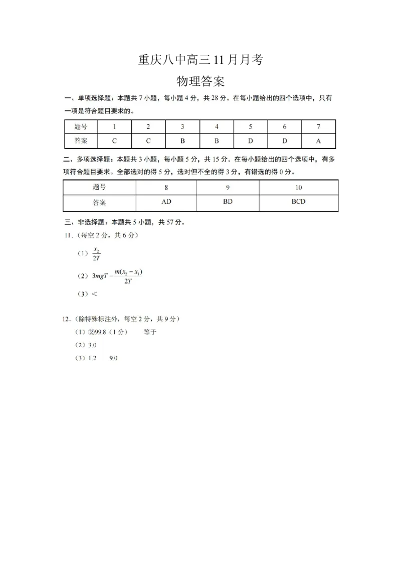 重庆八中（三）物理-答案_2024-2025高三（6-6月题库）_2024年11月试卷_1124重庆市第八中学校2024-2025学年高三上学期适应性月考（三）_重庆市第八中学高考适应性月考三物理试卷答案