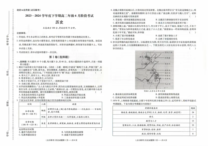 辽宁省部分学校2023-2024学年下学期高二年级6月份阶段考试卷历史_2024-2025高三（6-6月题库）_2024年06月试卷_240616辽宁省（点石联考）2023-2024学年高二下学期6月份阶段考