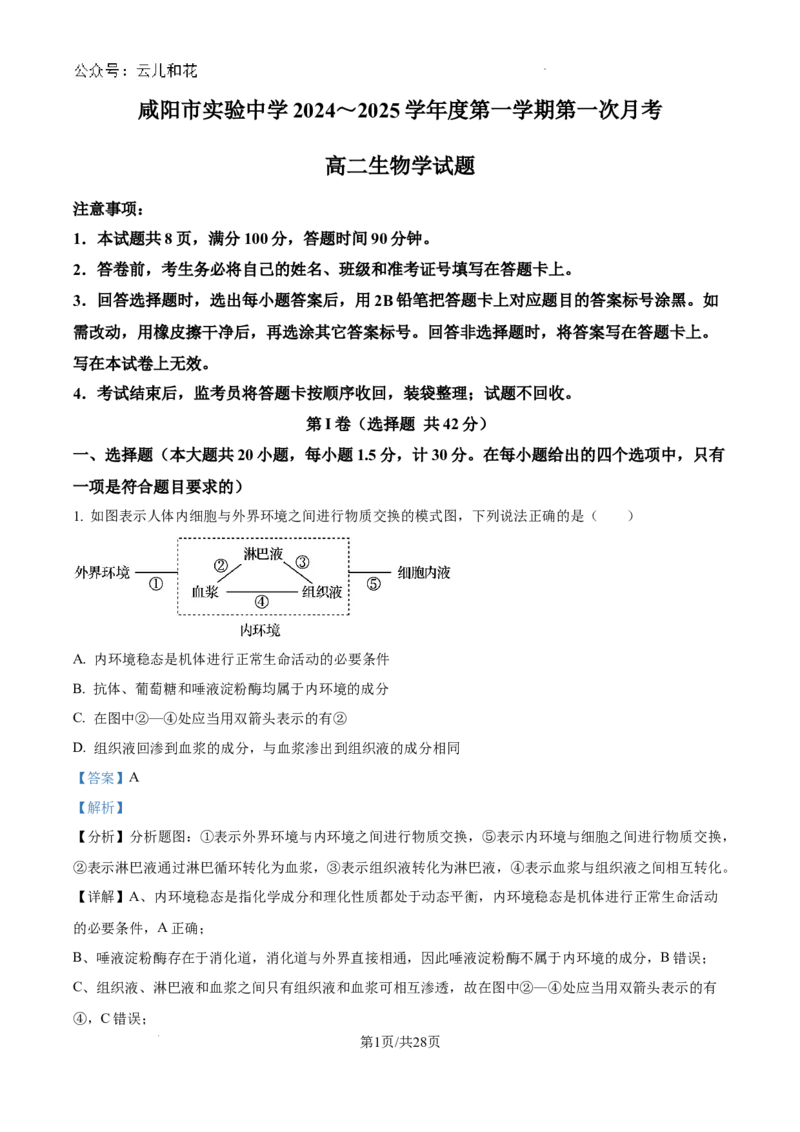 陕西省咸阳市秦都区咸阳市实验中学2024-2025学年高二上学期10月第一次月考生物试题（解析）_2024-2025高二（7-7月题库）_2024年10月试卷