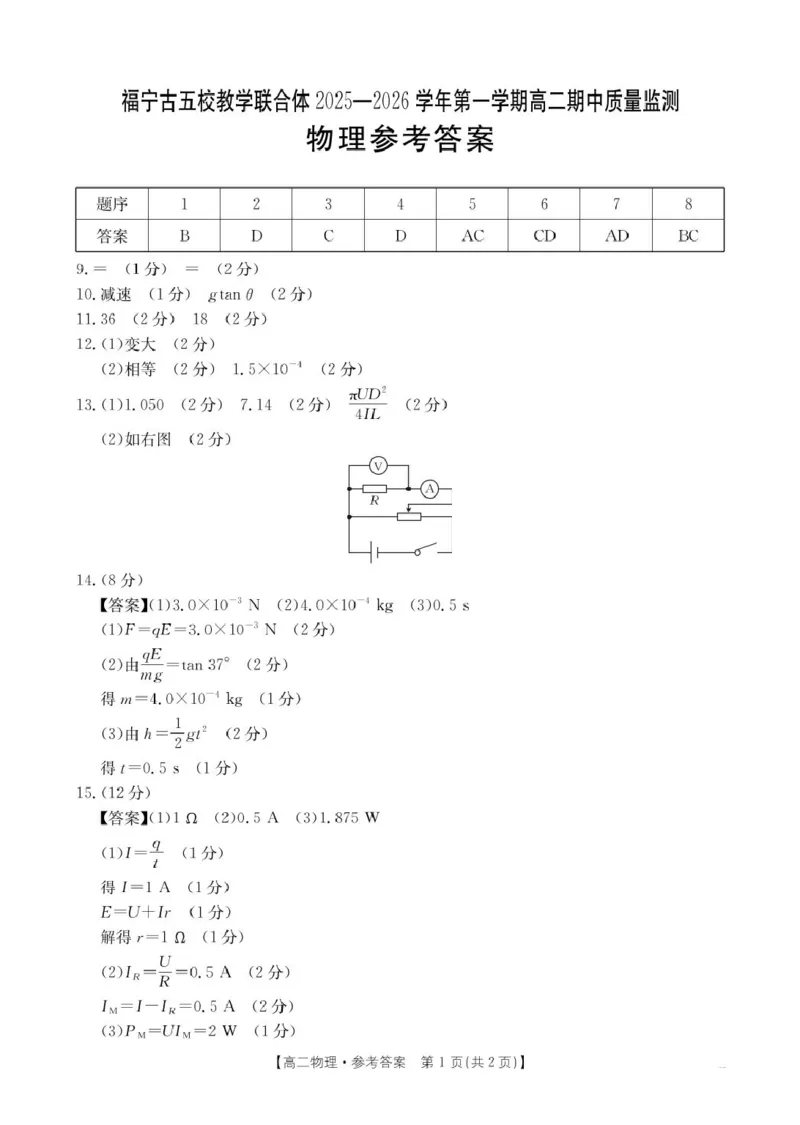 福建省宁德市福宁古五校教学联合体2025-2026学年高二上学期期中质量监测试题物理PDF版含答案_251214福建省宁德市福宁古五校教学联合体2025-2026学年高二上学期期中质量监测试题（全）