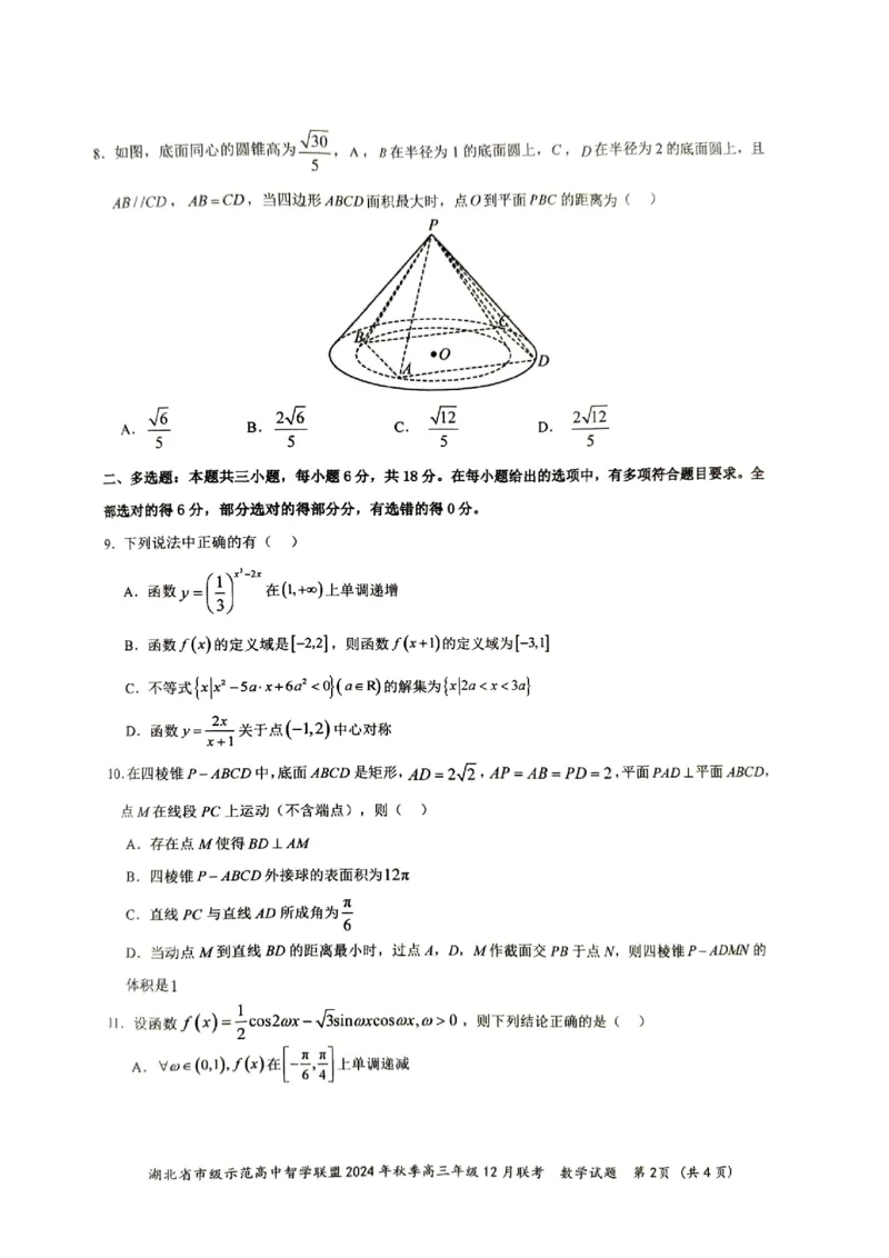 湖北省智学联盟12月联考2025届高三数学试题_2024-2025高三（6-6月题库）_2024年12月试卷_1208湖北省市级示范高中智学联盟2024-2025学年高三上学期12月月考