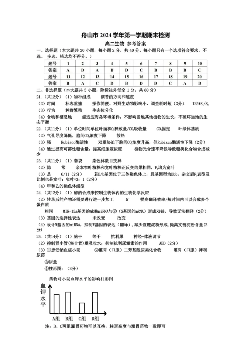 答案_2024-2025高二（7-7月题库）_2025年03月试卷_0303浙江省舟山市2024-2025学年高二上学期期末考试_浙江省舟山市2024-2025学年高二上学期期末考试生物PDF版含答案