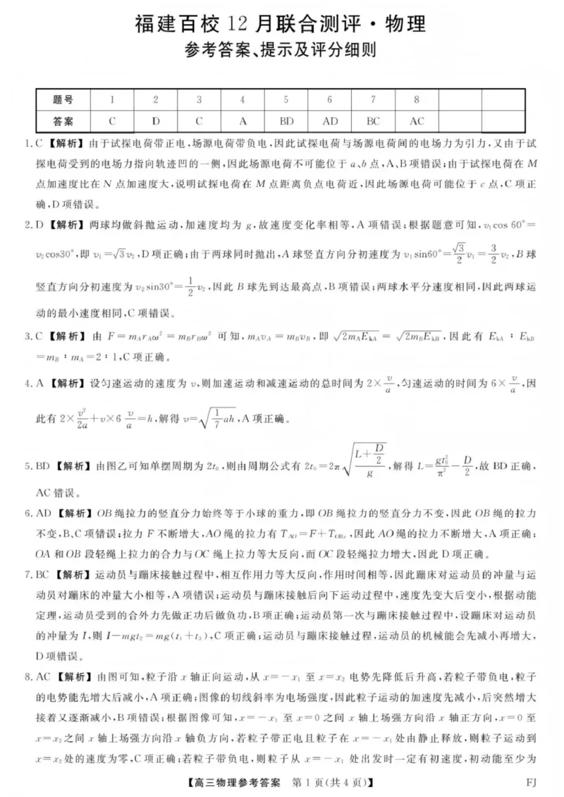 福建省百校2026届高三上学期12月联合测评物理答案_2024-2026高三（6-6月题库）_2025年12月高三试卷_251229福建省百校2026届高三上学期12月联合测评（全）