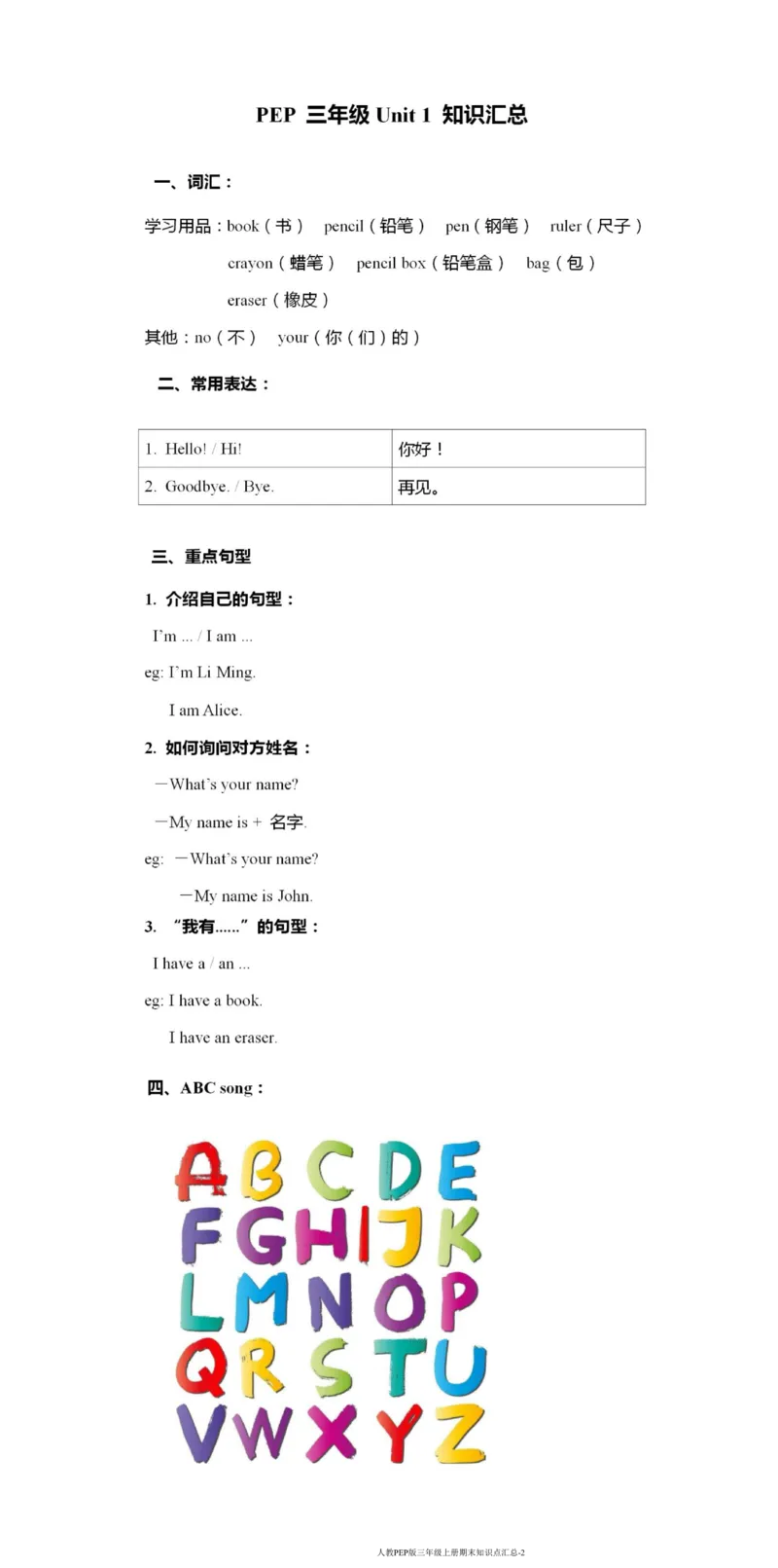 人教PEP版三年级英语（上册）期末必考知识点汇总_小学1-6年级全部试卷_英语_三年级_3-8-5、小学三年级英语上册_3-8-5-1、复习、知识点、归纳汇总_人教PEP版