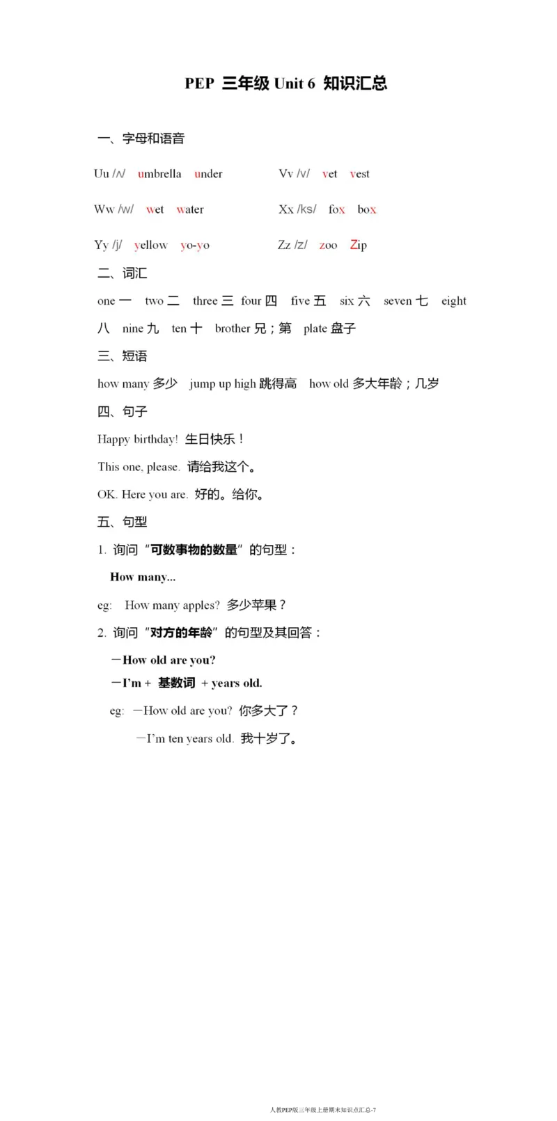 人教PEP版三年级英语（上册）期末必考知识点汇总_小学1-6年级全部试卷_英语_三年级_3-8-5、小学三年级英语上册_3-8-5-1、复习、知识点、归纳汇总_人教PEP版