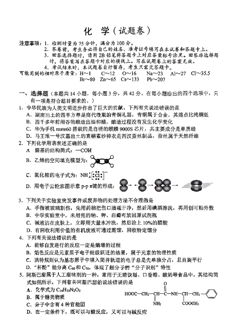 湖南省益阳市2025届高三上学期9月第一次教学质量检测化学试题扫描版_2024-2025高三（6-6月题库）_2024年09月试卷_0910湖南省益阳市2024-2025学年高三上学期9月第一次教学质量检测