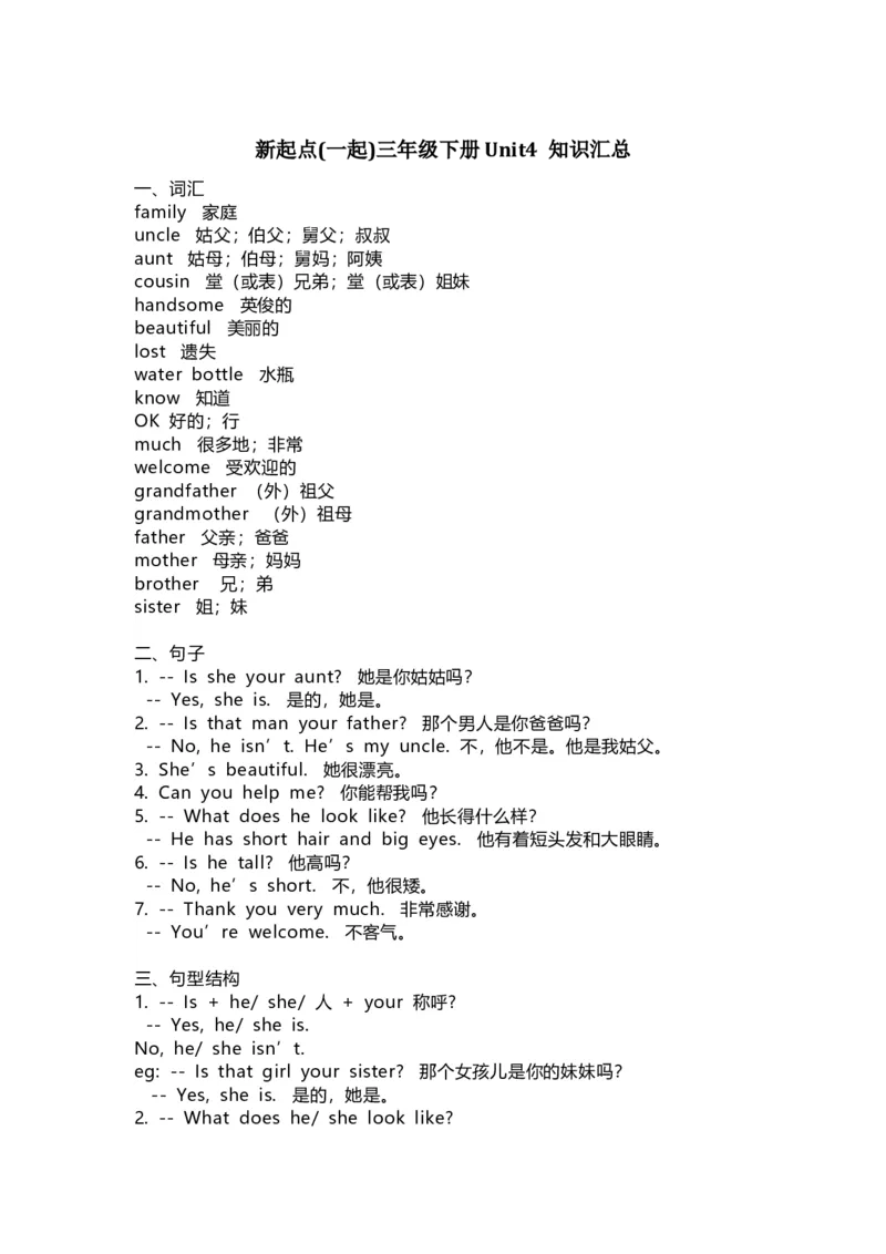 人教新起点英语三年级下册Unit4知识点汇总_小学1-6年级全部试卷_英语_三年级_3-8-6、小学三年级英语下册_3-8-6-1、复习、知识点、归纳汇总_人教版一起点