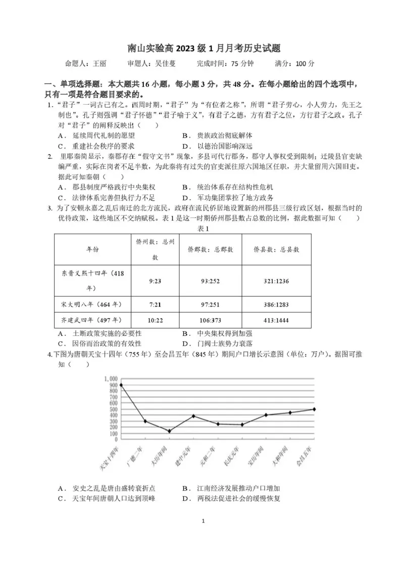 绵阳南山中学实验学校2025-2026学年高三上学期1月月考历史+答案_2024-2026高三（6-6月题库）_2026年01月高三试卷_0115四川省绵阳南山中学实验学校2025-2026学年高三上学期1月月考