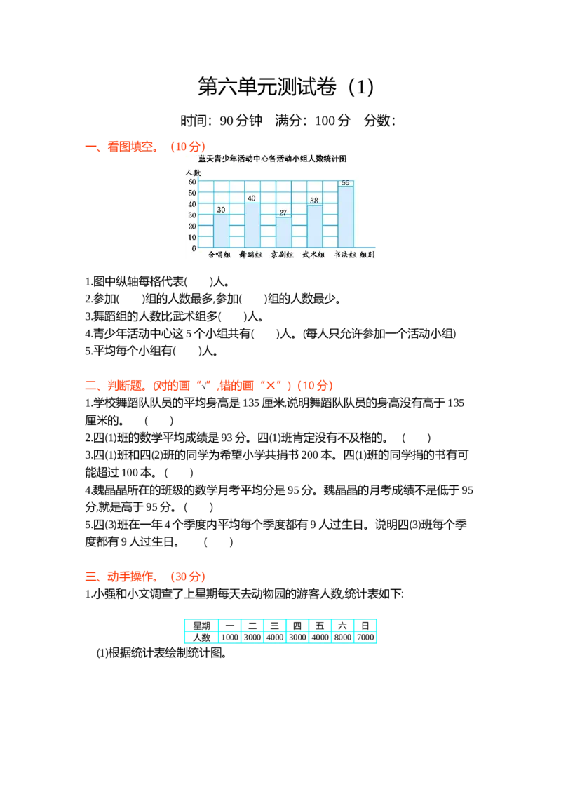 北师大四年级下册数学测试卷含答案-第六单元测试卷（1）_小学1-6年级全部试卷_数学_四年级_3-9-4、小学四年级数学下册_3-9-4-2、练习题、作业、试题、试卷_北师大版_单元测试卷