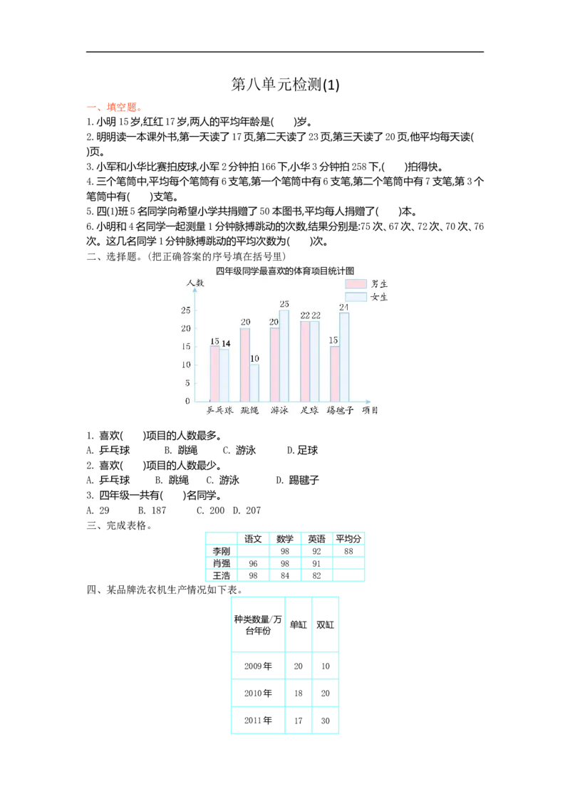 人教版四年级数学下册单元测试卷（含答案）-第8单元平均数与条形统计图：第八单元检测1_小学1-6年级全部试卷_数学_四年级_3-9-4、小学四年级数学下册_3-9-4-2、练习题、作业、试题、试卷