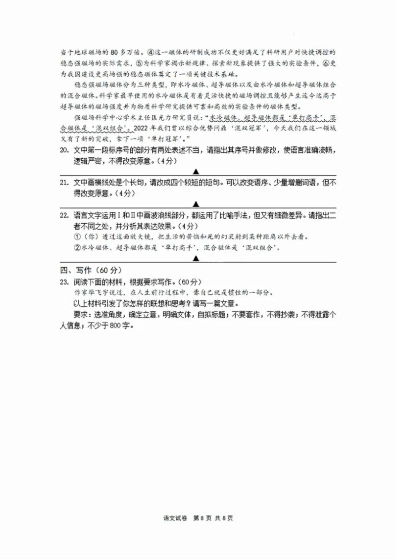 语文试卷_2024-2025高三（6-6月题库）_2024年11月试卷_1107浙江省宁波市2025届高三一模