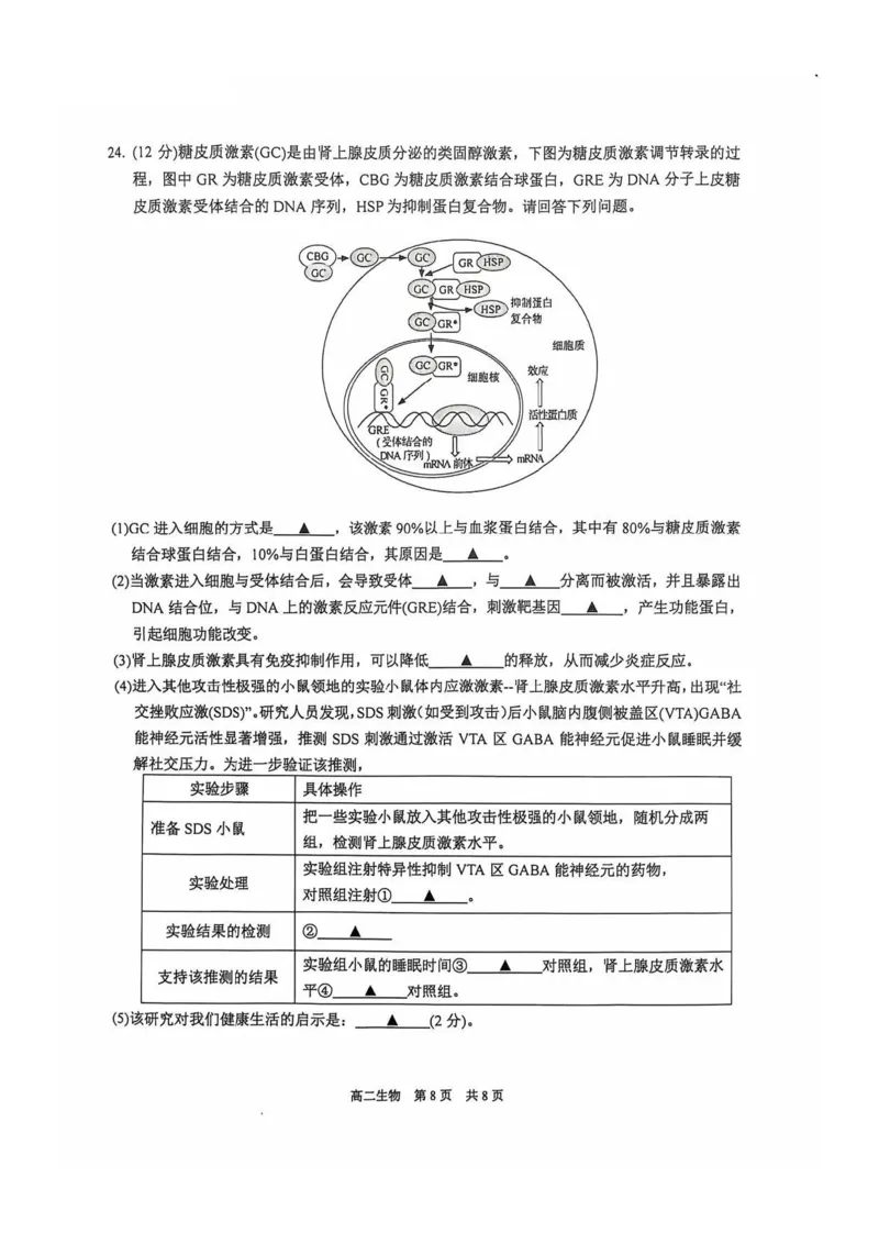 生物试题苏州市2024-2025学年高二上学期期中考试_2024-2025高二（7-7月题库）_2024年11月试卷_11172024-2025学年江苏省苏州市第一学期高二期中考试