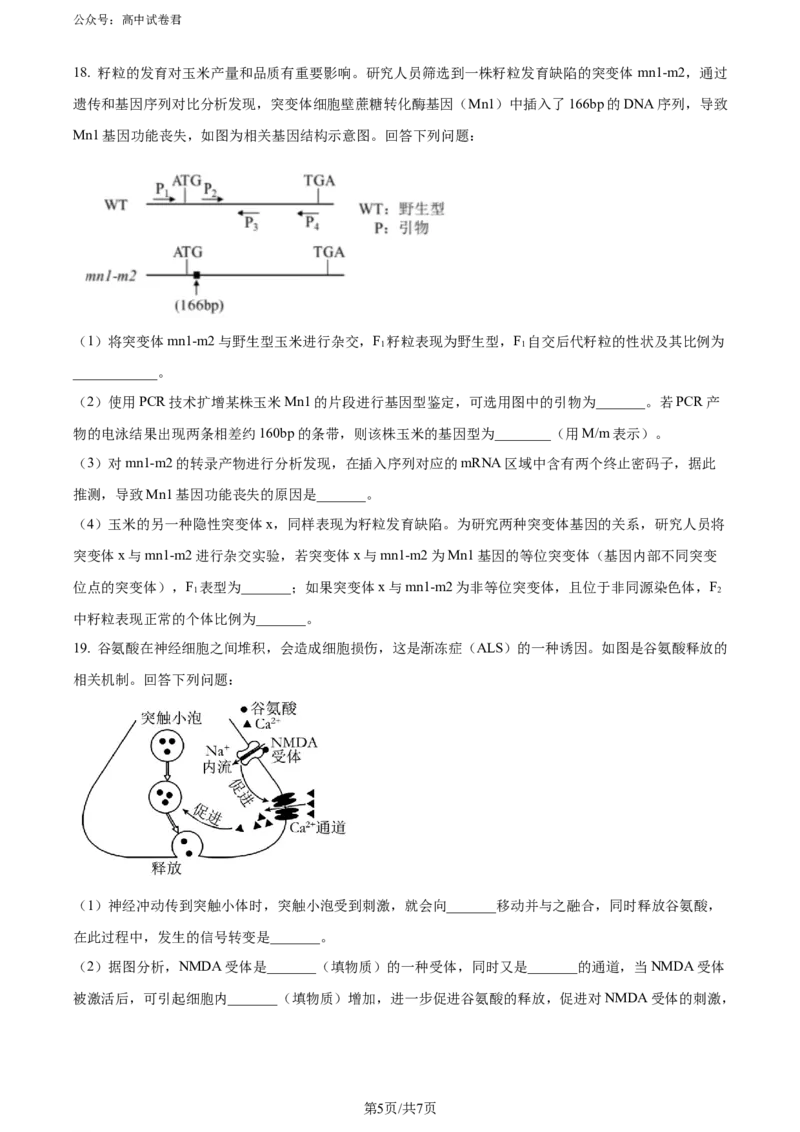 精品解析：广东省深圳市2023-2024学年高二下学期第一次调研考试生物试题（原卷版）_2024-2025高三（6-6月题库）_2024年07月试卷_240707广东省深圳市2023-2024学年高二下学期7月期末调研考试