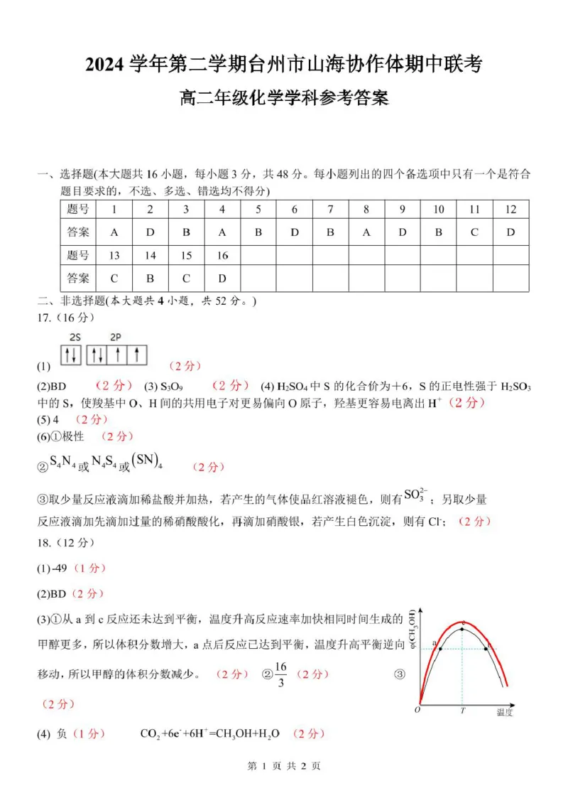 高二化学参考答案(1)_2024-2025高二（7-7月题库）_2025年04月试卷(1)_0428浙江省台州市山海协作体2024-2025学年高二下学期4月期中联考