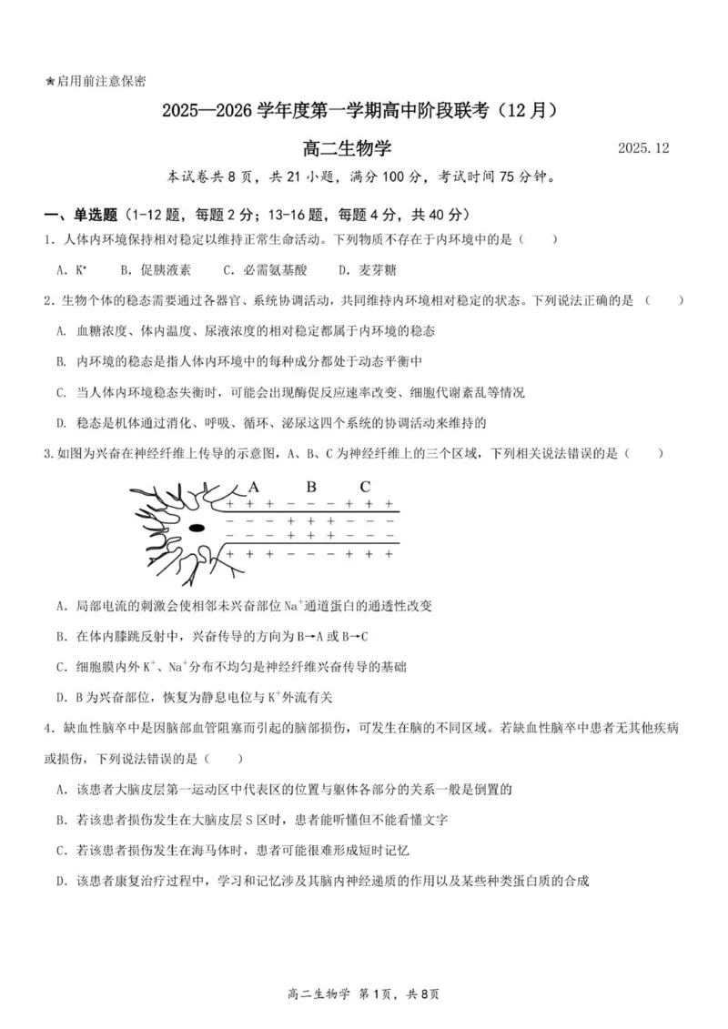 高二生物试卷-2025-2026学年度第一学期高中阶段联考（12月）_251212广东省多校联考2025-2026学年高二上学期12月期中_广东省多校联考2025-2026学年高二上学期12月考试生物试题（含答案）