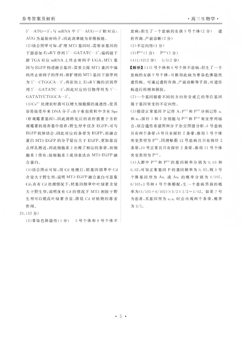 2025&mdash;2026学年高三第一学期期末一考试生物答案_2024-2026高三（6-6月题库）_2026年01月高三试卷_0109河北省衡水金卷先享题2025&mdash;2026学年高三第一学期期末一考试