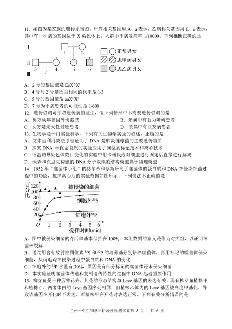 甘肃省兰州第一中学2024-2025学年高二上学期开学阶段检测生物+答案_2024-2025高二（7-7月题库）_2024年09月试卷_0914甘肃省兰州第一中学2024-2025学年高二上学期开学阶段检测