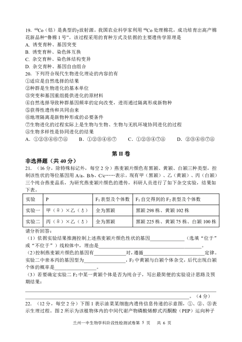 甘肃省兰州第一中学2024-2025学年高二上学期开学阶段检测生物+答案_2024-2025高二（7-7月题库）_2024年09月试卷_0914甘肃省兰州第一中学2024-2025学年高二上学期开学阶段检测