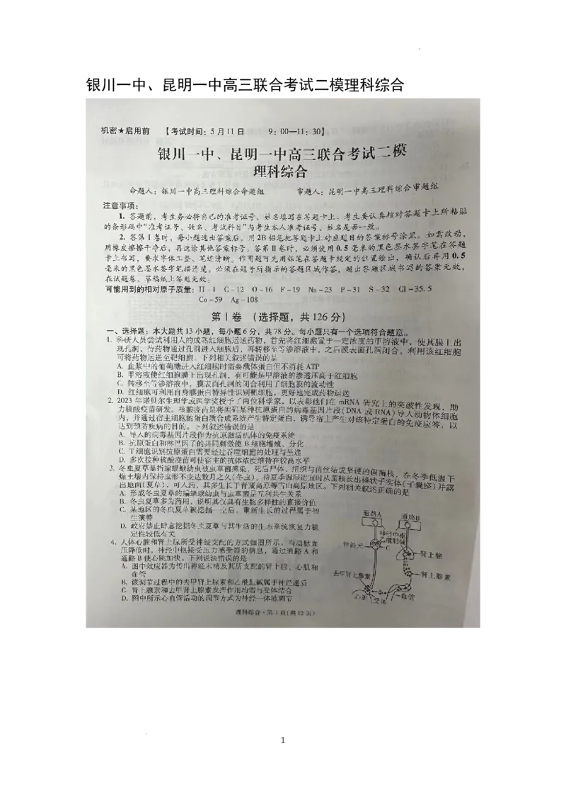银川一中、昆明一中高三联合考试二模理科综合_2024年5月_01按日期_12号_2024届宁夏银川一中昆明一中高三下学期联合考试二模