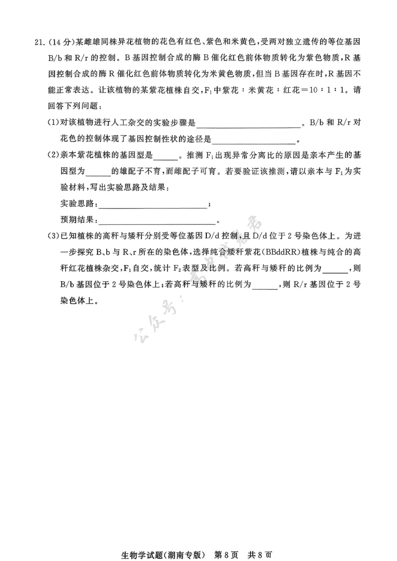 T8（湖南卷）-2026届高三12月检测训练生物学试题_2024-2026高三（6-6月题库）_2025年12月高三试卷_2512252026届高三第一次八省联考（T8联考）（全科）