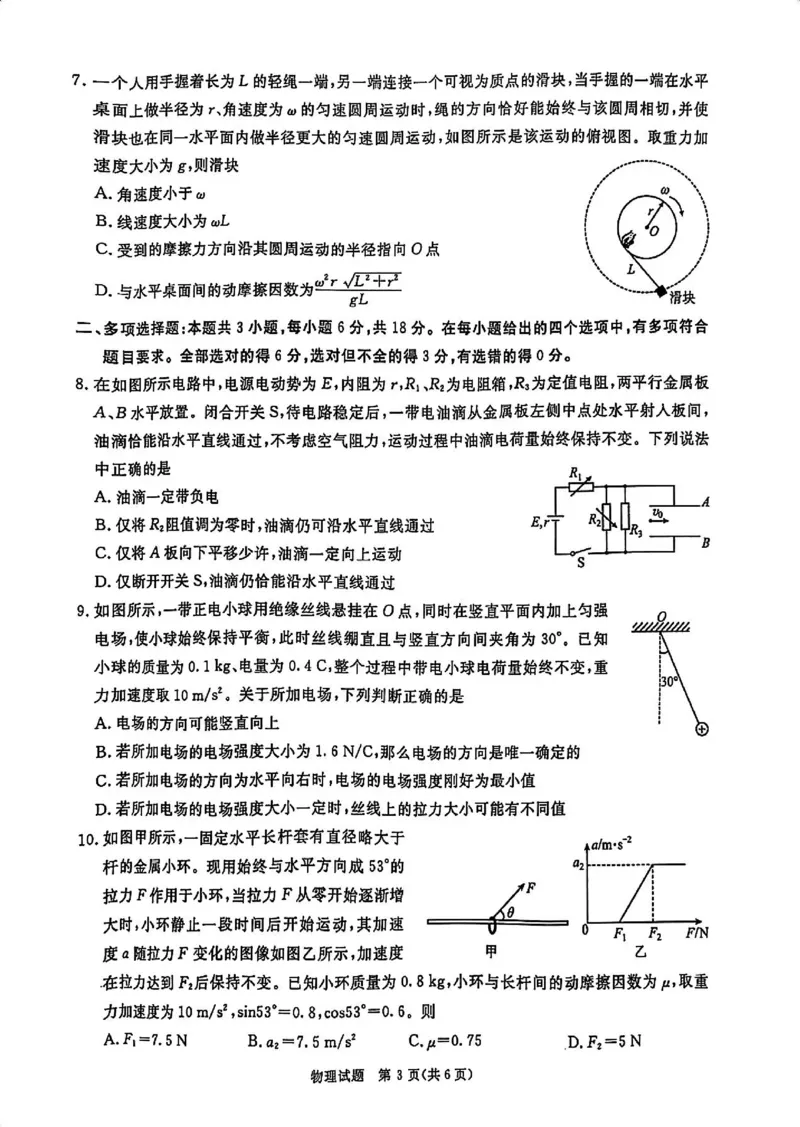 物理试卷_2024-2025高三（6-6月题库）_2024年12月试卷_12202025届四川九市一诊（广安、眉山、遂宁、雅安、资阳、乐山、广元、自贡、内江）