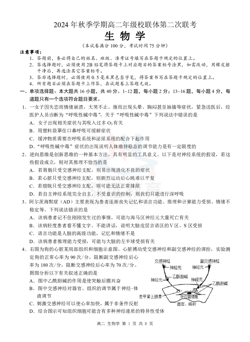 高二生物试卷_2024-2025高二（7-7月题库）_2024年12月试卷_1206广西河池市2024-2025学年高二上学期12月联盟考试_广西河池市2024-2025学年高二上学期12月联盟考试生物试题PDF版含解析