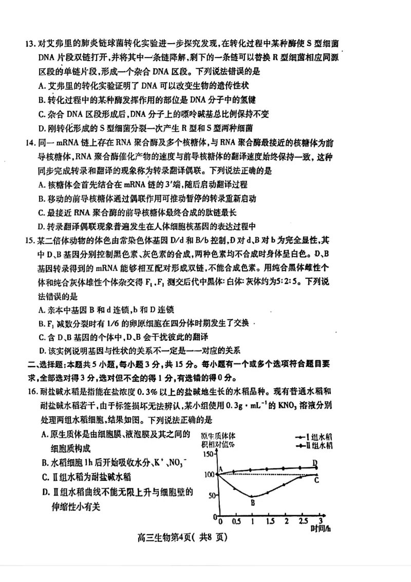 生物试卷_2024-2025高三（6-6月题库）_2024年11月试卷_1111山东省烟台市2025届高三11月期中学业水平检测_山东省烟台市2025届高三11月期中学业水平检测生物