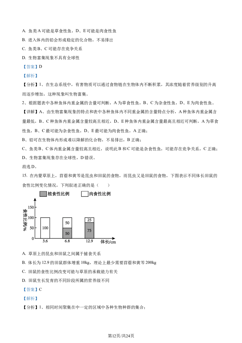 精品解析：重庆市巴蜀中学校2023-2024学年高二下学期7月期末考试生物试题（解析版）_2024-2025高三（6-6月题库）_2024年07月试卷_240715重庆市巴蜀中学2023-2024学年高二下学期期末