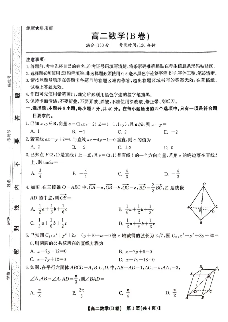 鼎尖教育11月高二期中考试--数学B卷_2024-2025高二（7-7月题库）_2024年12月试卷_1206安徽省黄山市鼎尖教育八校联考2024-2025学年高二上学期11月期中考试