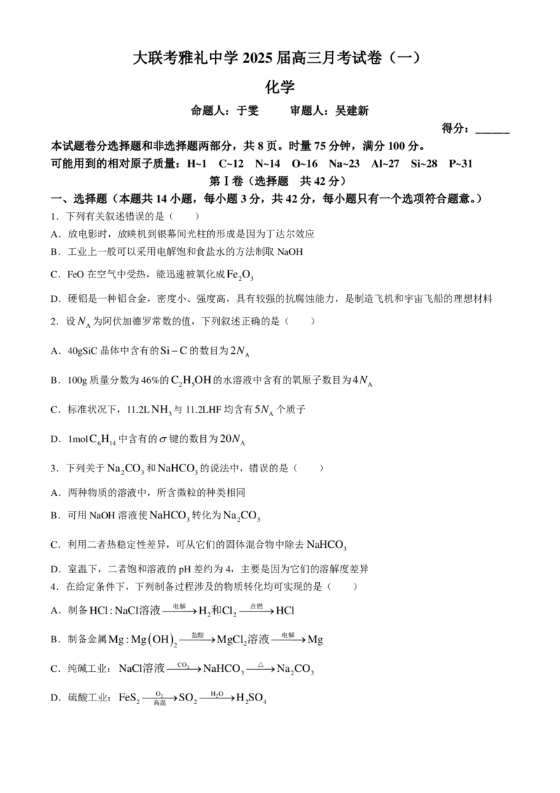 湖南省长沙市雅礼中学2024-2025学年高三上学期月考卷（一）化学试题+答案_2024-2025高三（6-6月题库）_2024年09月试卷_0908湖南省长沙市雅礼中学2025届高三月考试卷（一）