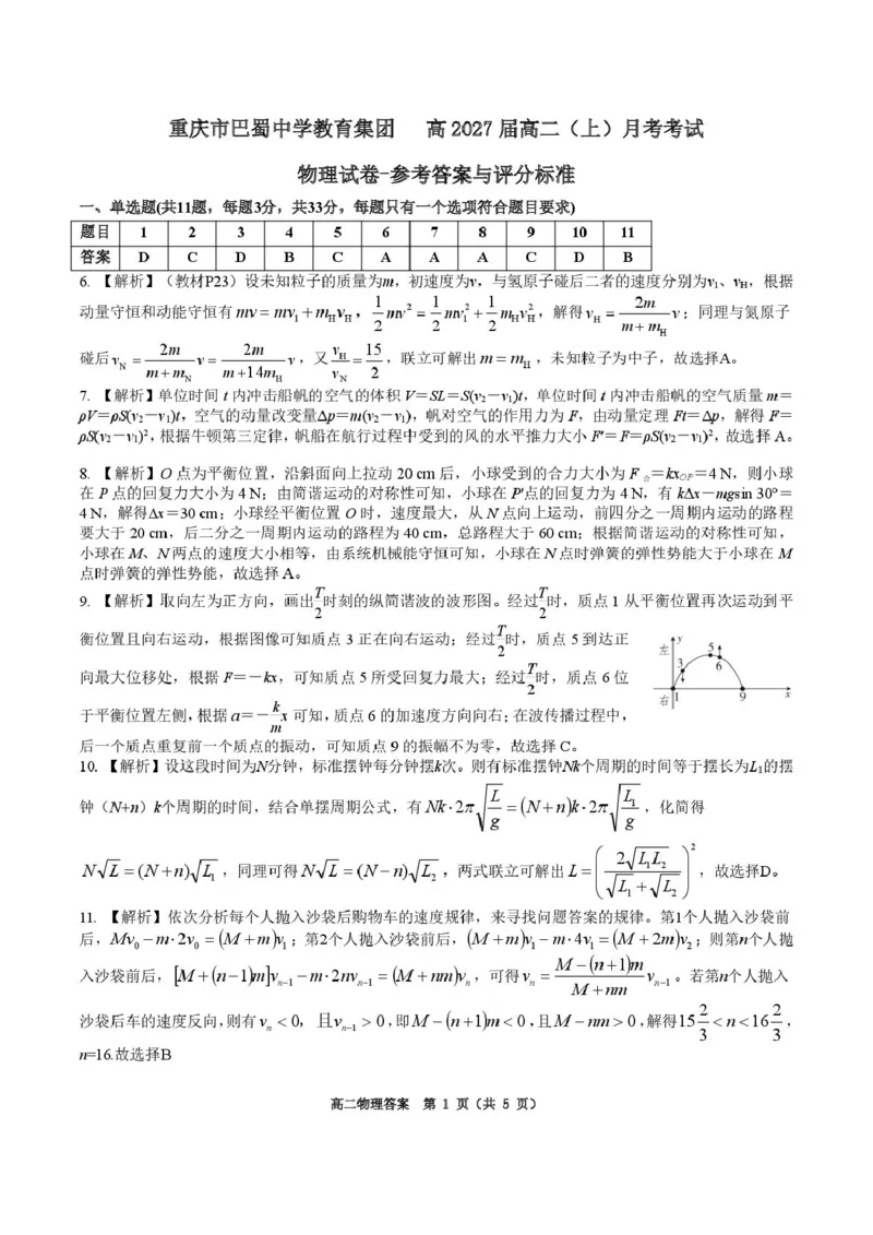重庆巴蜀中学校2025-2026学年高二上学期10月月考物理试题物理答案_2025年11月高二试卷_251111重庆市巴蜀中学教育集团2025-2026学年高二上学期10月月考试题（全）