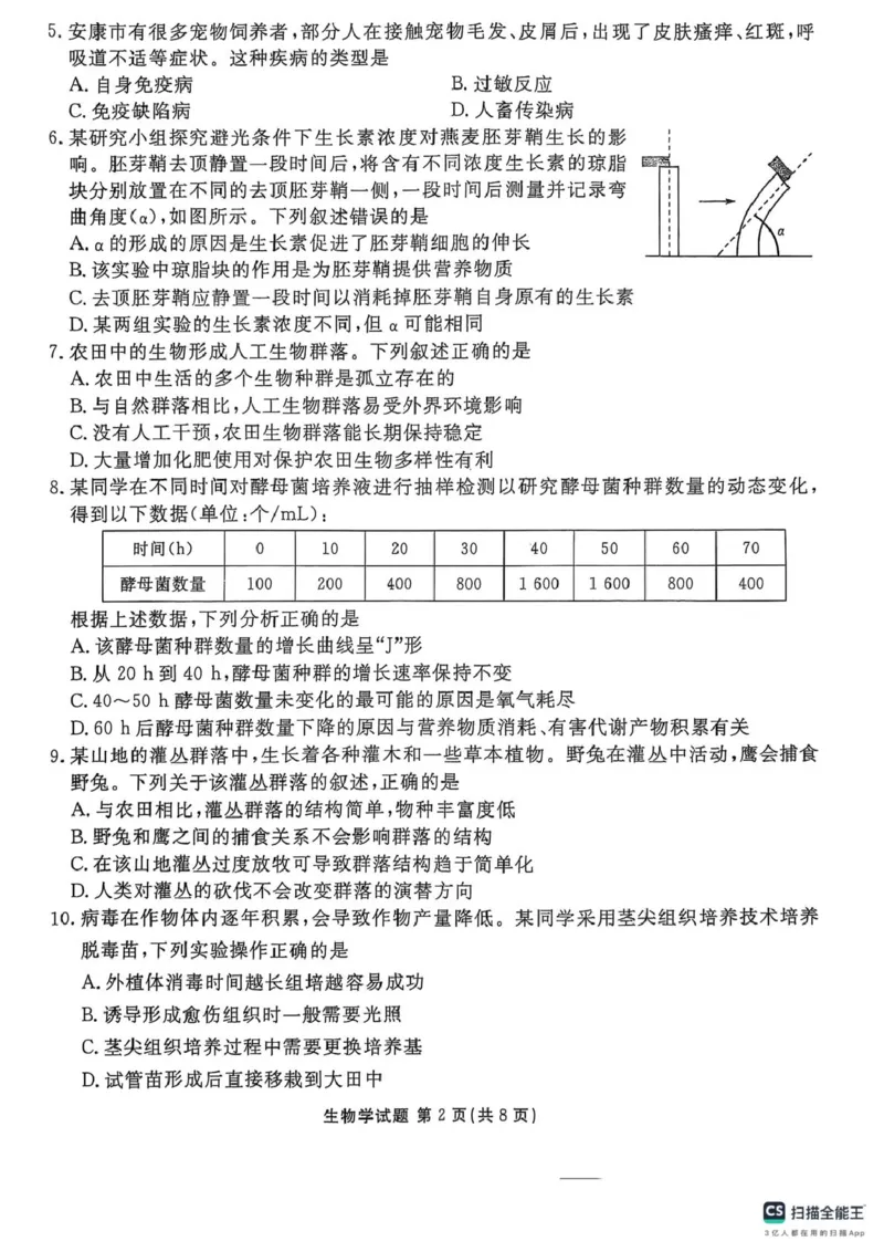 陕西省安康市2024-2025学年高二下学期期中联考生物试卷（扫描版有解析）_2024-2025高二（7-7月题库）_2025年05月试卷_0511陕西省安康市2024-2025学年高二下学期4月期中联考试题