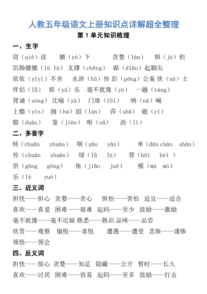 人教五年级语文上册知识点详解超全整理_小学1-6年级全部试卷_语文_五年级_3-10-1、小学五年级语文上册_3-10-1-1、复习、知识点、归纳汇总_人教版