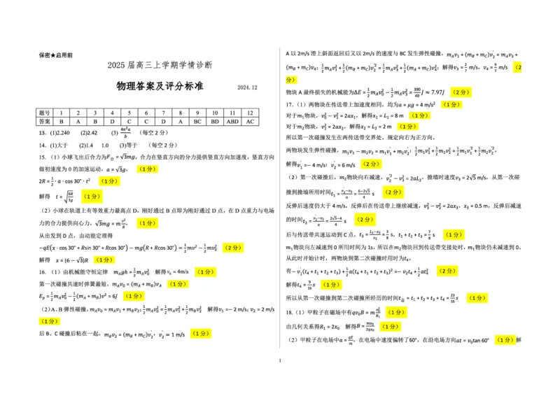 高三物理答案及评分标准_2024-2025高三（6-6月题库）_2024年12月试卷_1223山东省中学联盟百校大联考2024-2025学年高三上学期12月学情诊断（全科）