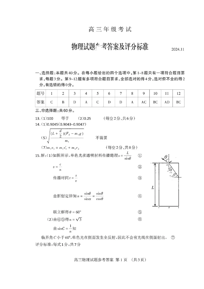 物理答案_2024-2025高三（6-6月题库）_2024年11月试卷_1125山东省泰安市2024-2025学年高三上学期11月期中考试_山东省泰安市2024-2025学年高三上学期11月期中考试物理