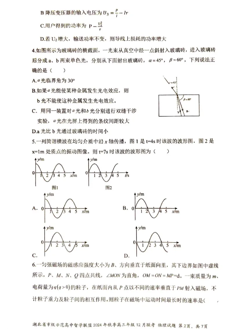 物理_2024-2025高三（6-6月题库）_2024年12月试卷_1208湖北省市级示范高中智学联盟2024-2025学年高三上学期12月月考_湖北省市级示范高中智学联盟2024-2025学年高三上学期12月月考物理