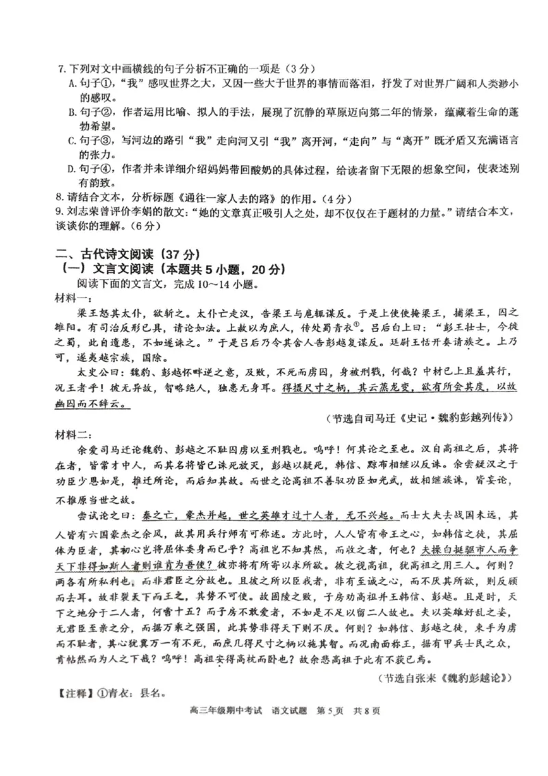 湖北省武汉市华中师范大学第一附属中学2024-2025学年高三上学期11月期中考试语文（无答案）_2024-2025高三（6-6月题库）_2024年11月试卷