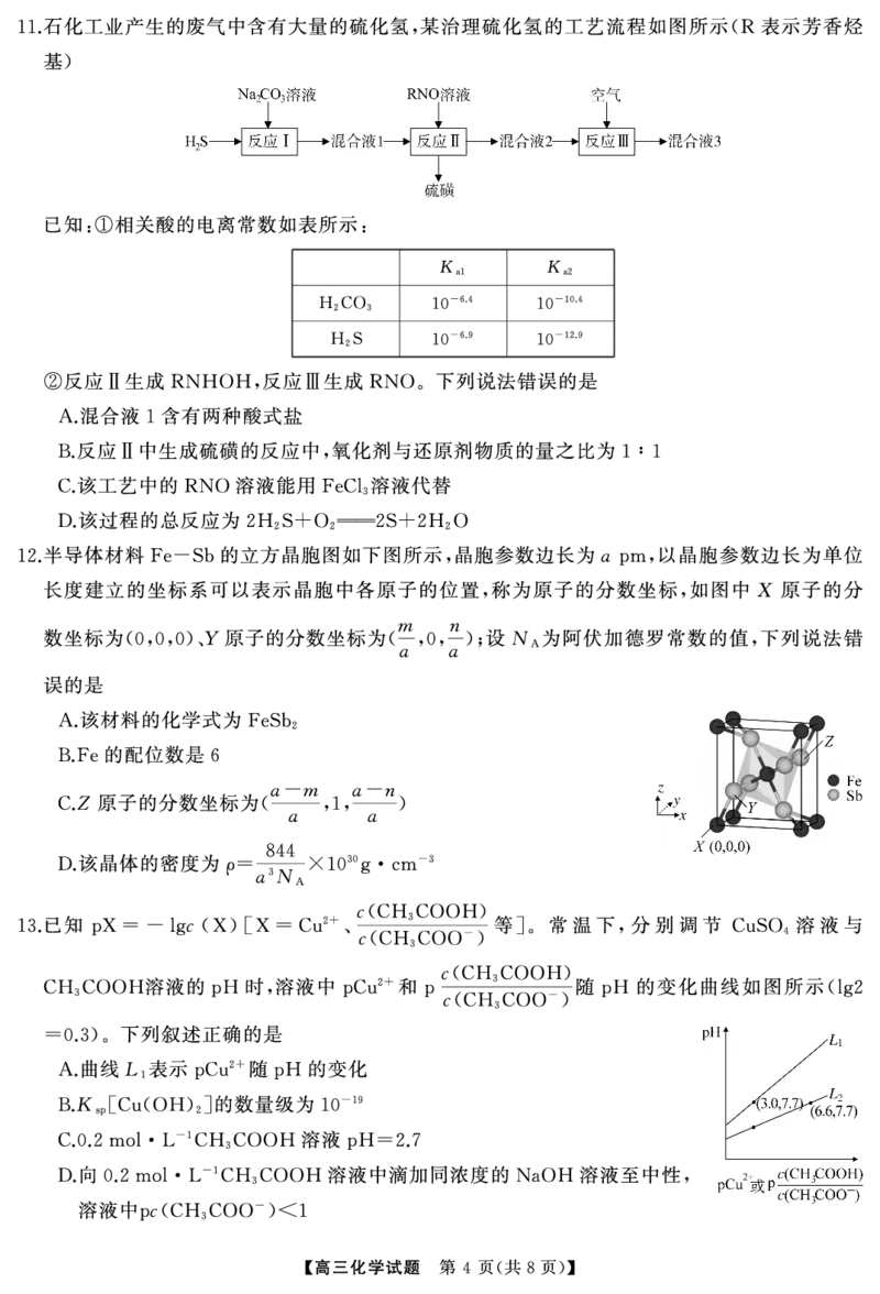 高三化学（试题）转曲2_2024-2025高三（6-6月题库）_2024年12月试卷_1215T8联盟湖南省五市十校2024-2025高三第一次学业质量评价（全科）_高三化学