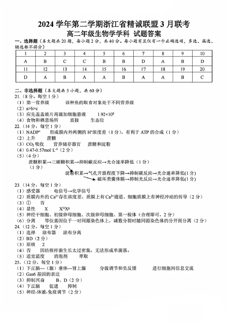 高二年级生物学学科试题答案_2024-2025高二（7-7月题库）_2025年03月试卷_0316浙江省精诚联盟2024-2025学年高二下学期3月联考