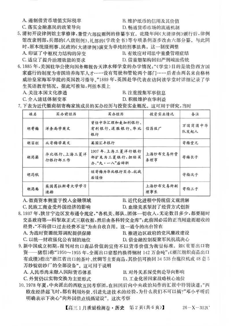 三晋卓越联盟2025~2026学年高三1月质量检测卷（26-X-312C）历史_2024-2026高三（6-6月题库）_2026年01月高三试卷_0114山西省三晋卓越联盟2025~2026学年高三1月质量检测卷（26-X-312C）